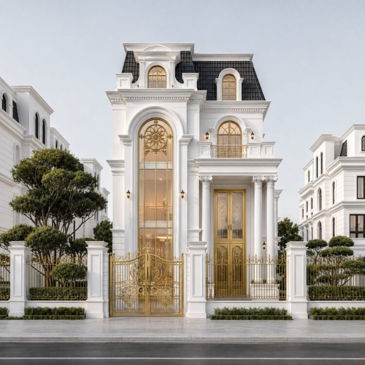 Elegant white mansion with golden accents