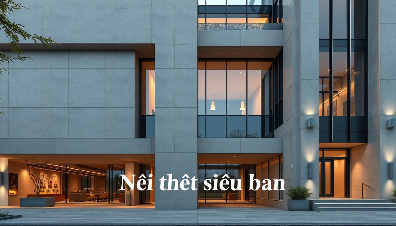 A modern, sleek and sophisticated architectural design with a focus on quality craftsmanship and brand reputation. The image should feature a clean, minimalist exterior with a mix of concrete, glass, and polished metal surfaces. Emphasize the elegant lines, sharp angles, and precise proportions that convey a sense of luxury and attention to detail. The lighting should be soft and warm, creating a welcoming atmosphere. In the foreground, prominently display the brand name "Nội thất siêu bền" to highlight the commitment to quality and durability. The overall composition should evoke a sense of confidence, reliability, and timeless design.