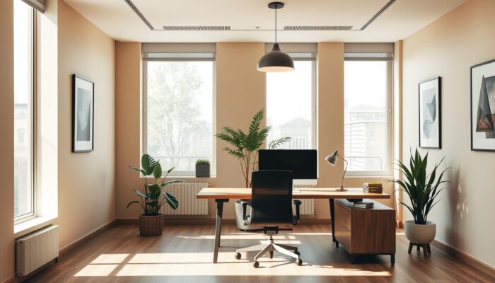 A professionally designed modern office interior with a sleek, minimalist aesthetic. Bright, natural lighting filters in through large windows, illuminating a clean-lined workstation with a minimalist wooden desk, a comfortable ergonomic chair, and a potted plant adding a touch of greenery. The walls feature a neutral, warm-toned color palette, with tasteful artwork and a stylish pendant light fixture providing a sophisticated ambiance. The overall layout emphasizes efficiency, productivity, and a cohesive, harmonious visual experience.
