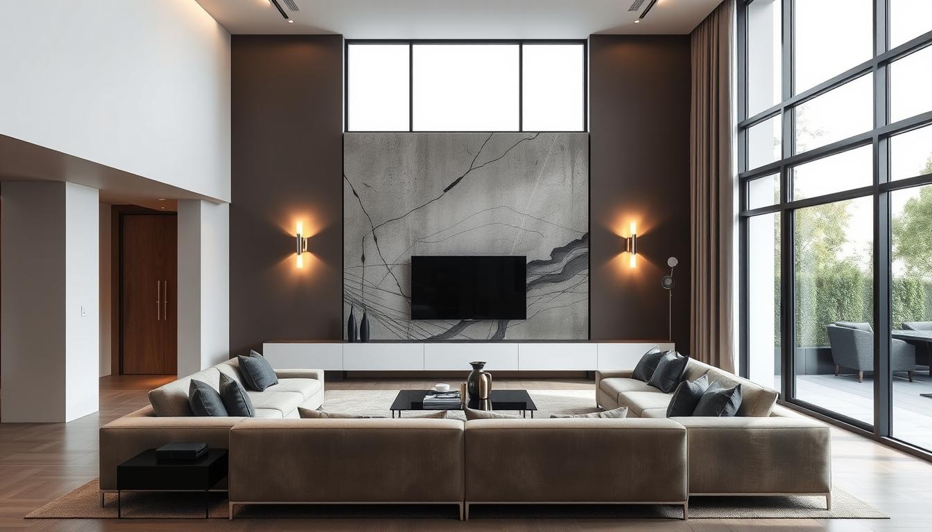 A sleek, modern interior with minimalist design elements and clean lines. The scene features a well-appointed living room with floor-to-ceiling windows, allowing natural light to flood the space. The walls are adorned with a contemporary, artistic mural, creating a focal point. Strategically placed lighting fixtures cast a warm, inviting glow, accentuating the high-quality "Nội thất siêu bền" furnishings. The overall atmosphere exudes sophistication, comfort, and a sense of timeless elegance. The image should convey the reasons why one should choose this service for their luxury home design.