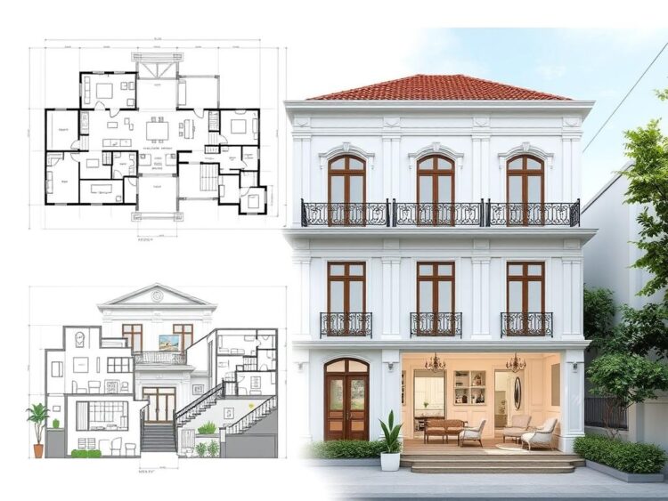 Bản vẽ thiết kế nhà phố tân cổ điển 150m2