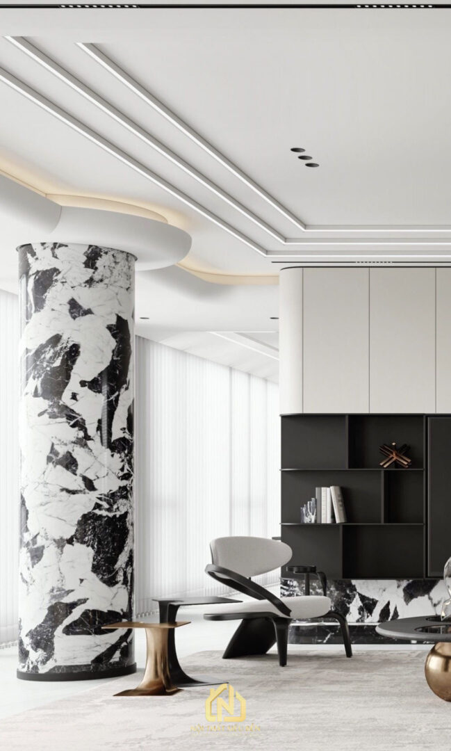 Phòng khách căn hộ Masteri Centeri Point với cột đá sofa và vách tivi