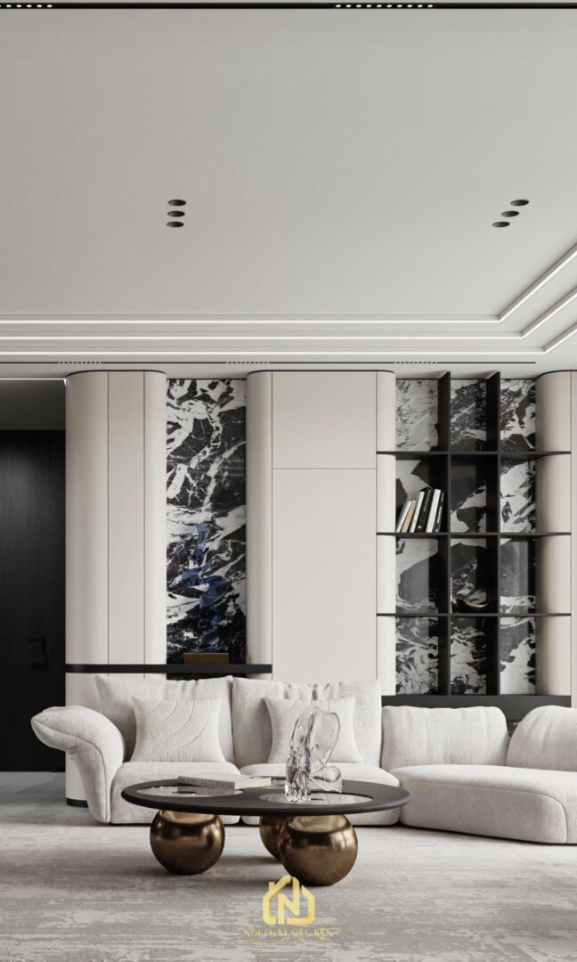 Phòng khách căn hộ Masteri Centeri Point với sofa sáng màu và kệ trang trí