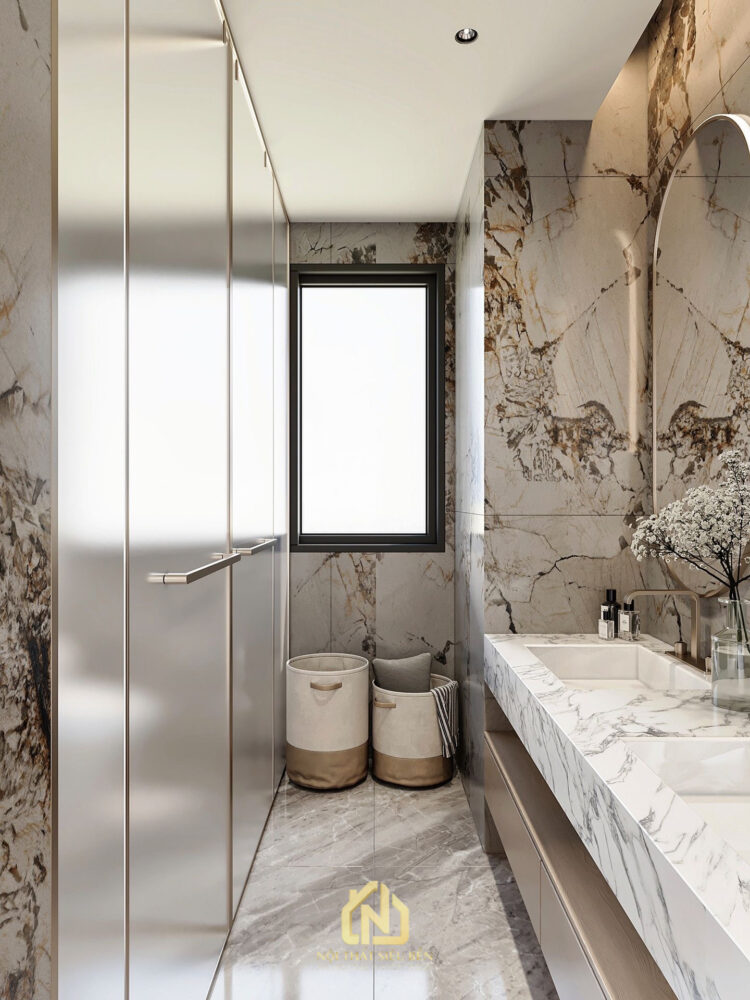 Khu lavabo căn hộ Diamond Alnata Plus Tân Phú với hệ tủ cao và đá vân mây