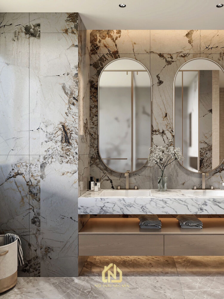 Lavabo đôi căn hộ Diamond Alnata Plus Tân Phú với gương oval và tủ treo