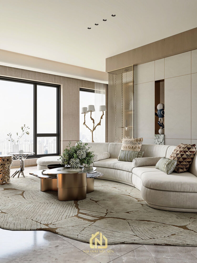 Phòng khách căn hộ Diamond Alnata Plus Tân Phú với sofa bo cong và bàn trà