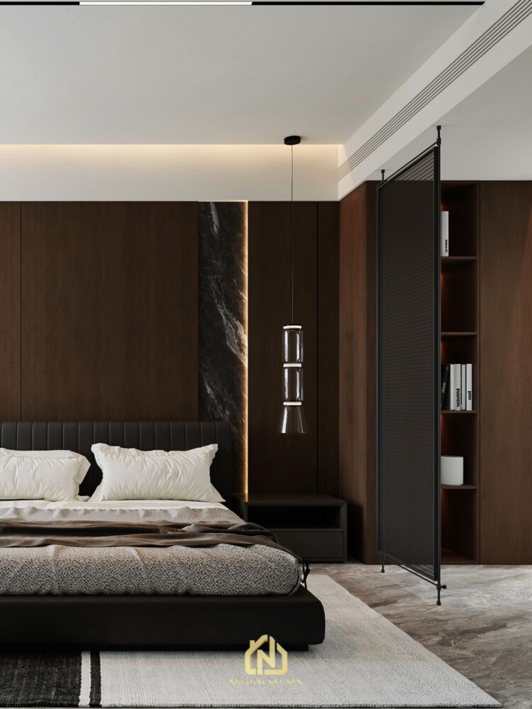 Phòng ngủ căn hộ Grand Marina Saigon với hệ tủ cao và kệ trang trí hiện đại