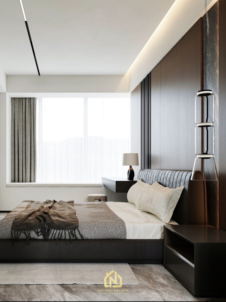 Phòng ngủ Grand Marina Saigon có cửa sổ lớn và bố cục nghỉ ngơi rộng thoáng