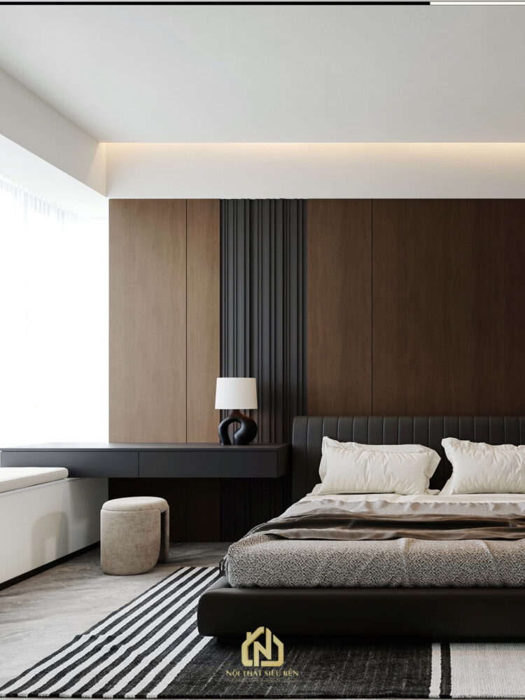 Phòng ngủ căn hộ Grand Marina Saigon với giường thấp và vách đầu giường hiện đại