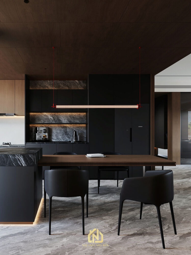 Khu bếp và bàn đảo căn hộ Grand Marina Saigon kết hợp ghế ăn hiện đại