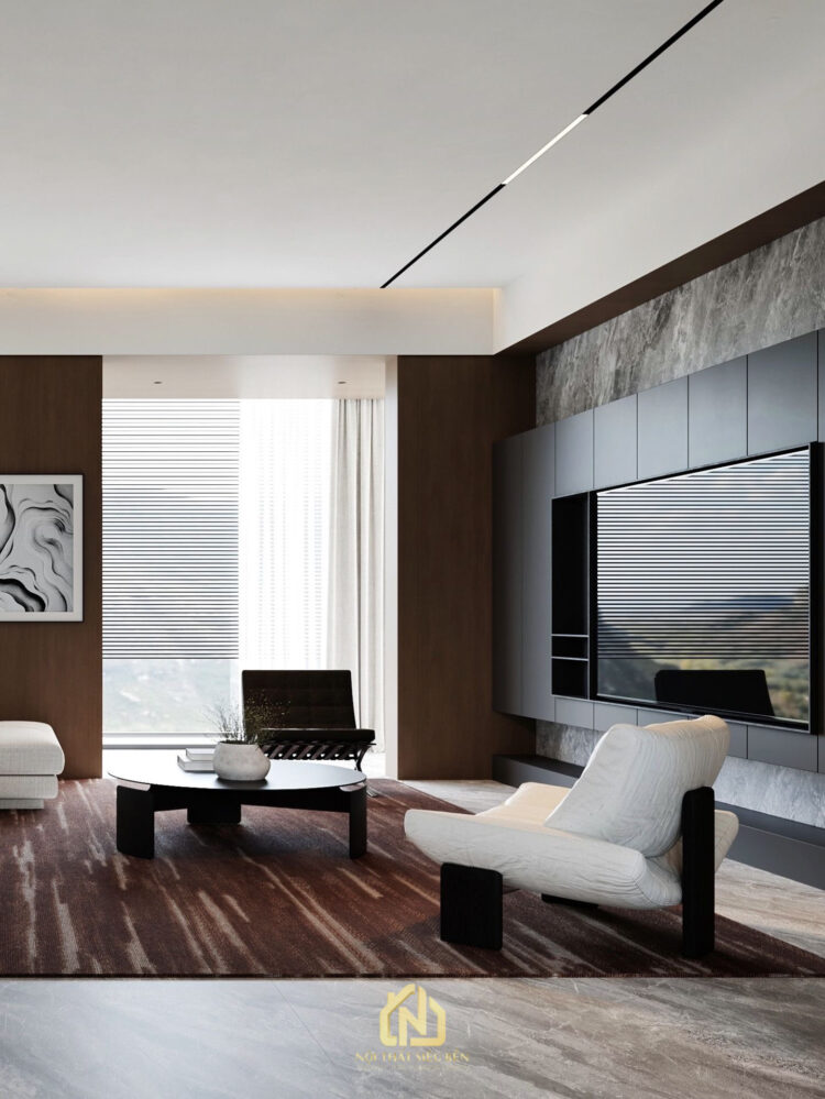 Phòng khách căn hộ Grand Marina Saigon với vách tivi đá và sofa sáng màu