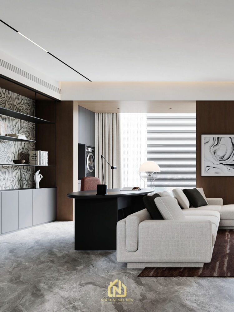 Phòng khách Grand Marina Saigon liên thông bếp với kệ trang trí và sofa sáng màu
