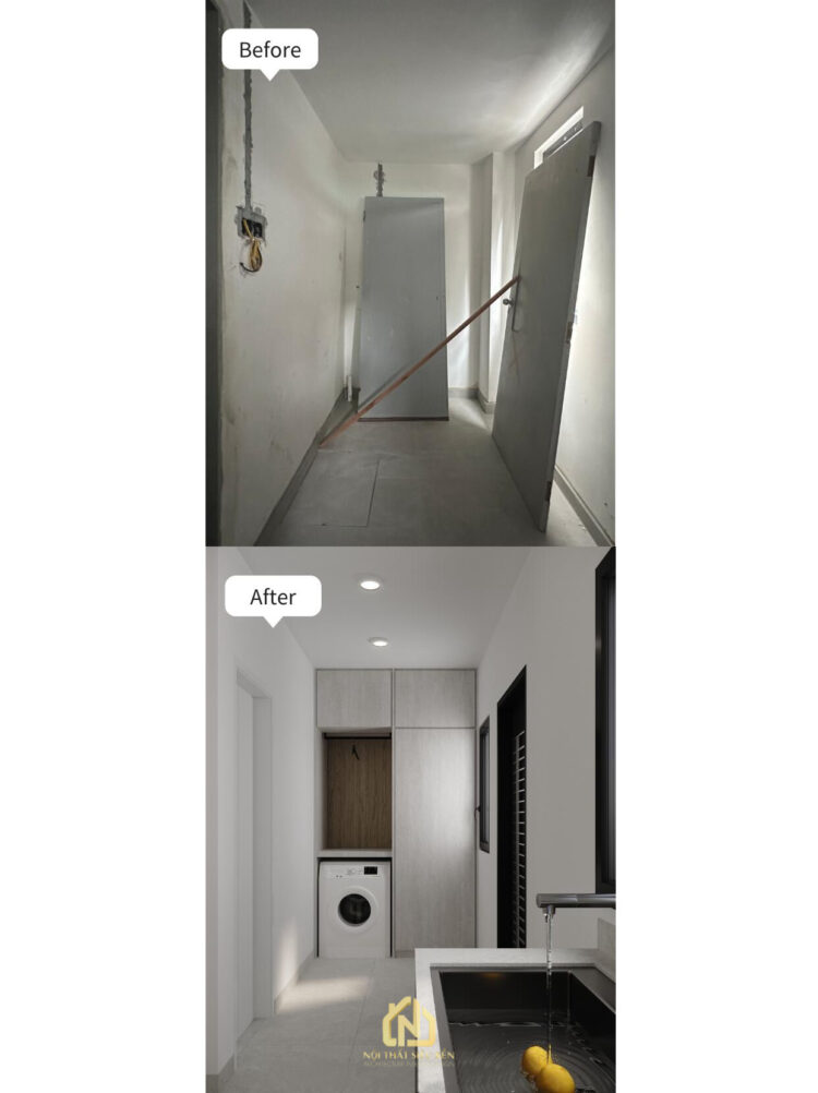 Hành lang trước và sau cải tạo nhà phố Phường Thạnh Mỹ Tây