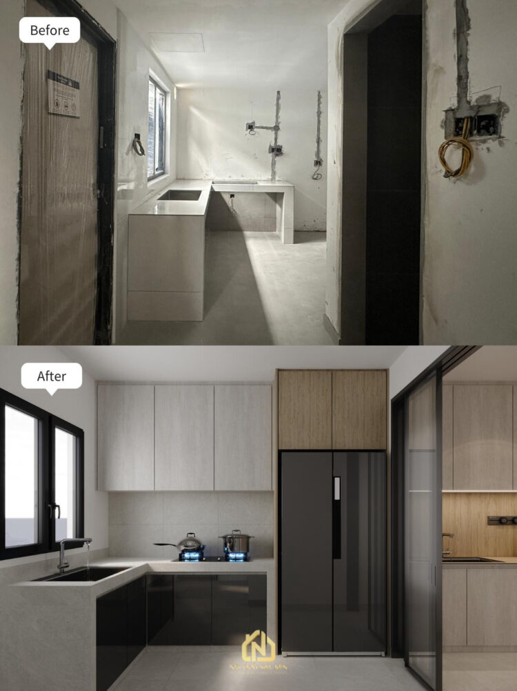 Khu bếp trước và sau cải tạo nhà phố Phường Thạnh Mỹ Tây