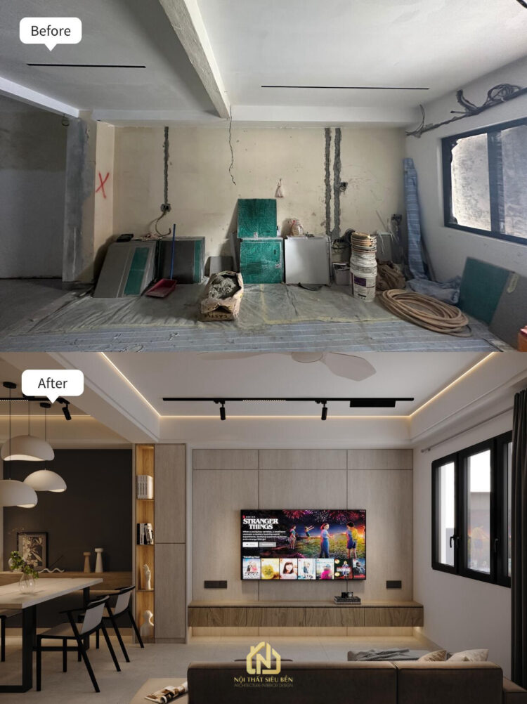 Phòng khách trước và sau cải tạo nhà phố Thạnh Mỹ Tây