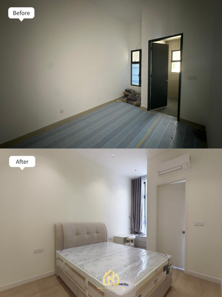 Phòng ngủ nhìn từ cửa vào trước và sau cải tạo nhà phố Bình Thới