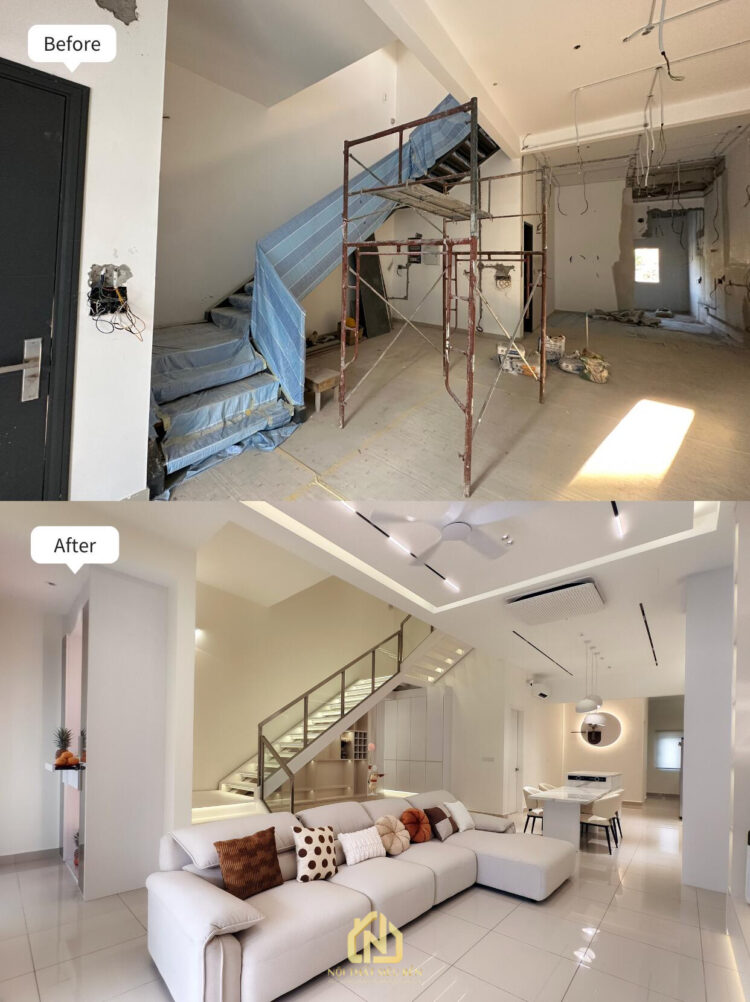 Phòng khách cầu thang bàn ăn trước và sau cải tạo nhà phố Bình Thới