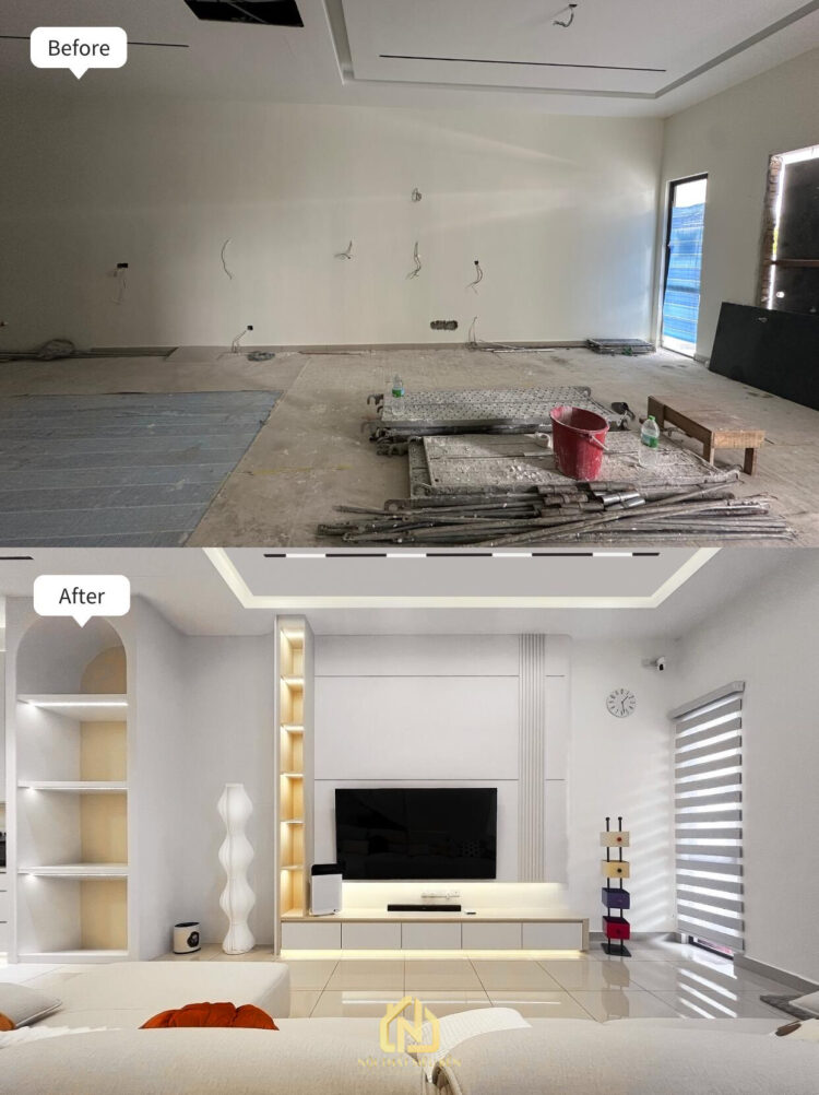 Phòng khách trước và sau cải tạo với vách tivi hiện đại
