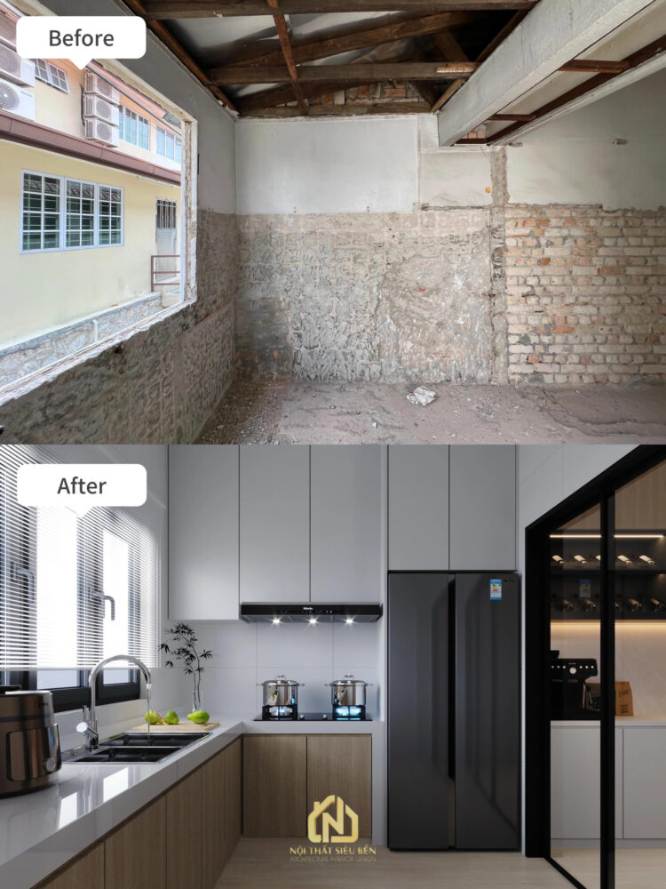 Khu bếp chữ L trước và sau cải tạo nhà phố Phường Tân Mỹ