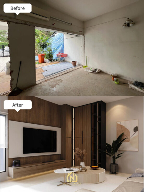 Phòng khách trước và sau cải tạo nhà phố Phường Tân Mỹ