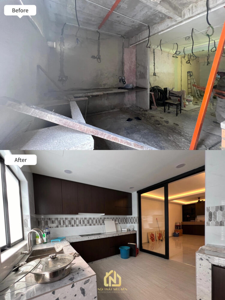 Khu bếp trước và sau cải tạo nhà phố Tân Sơn Nhất
