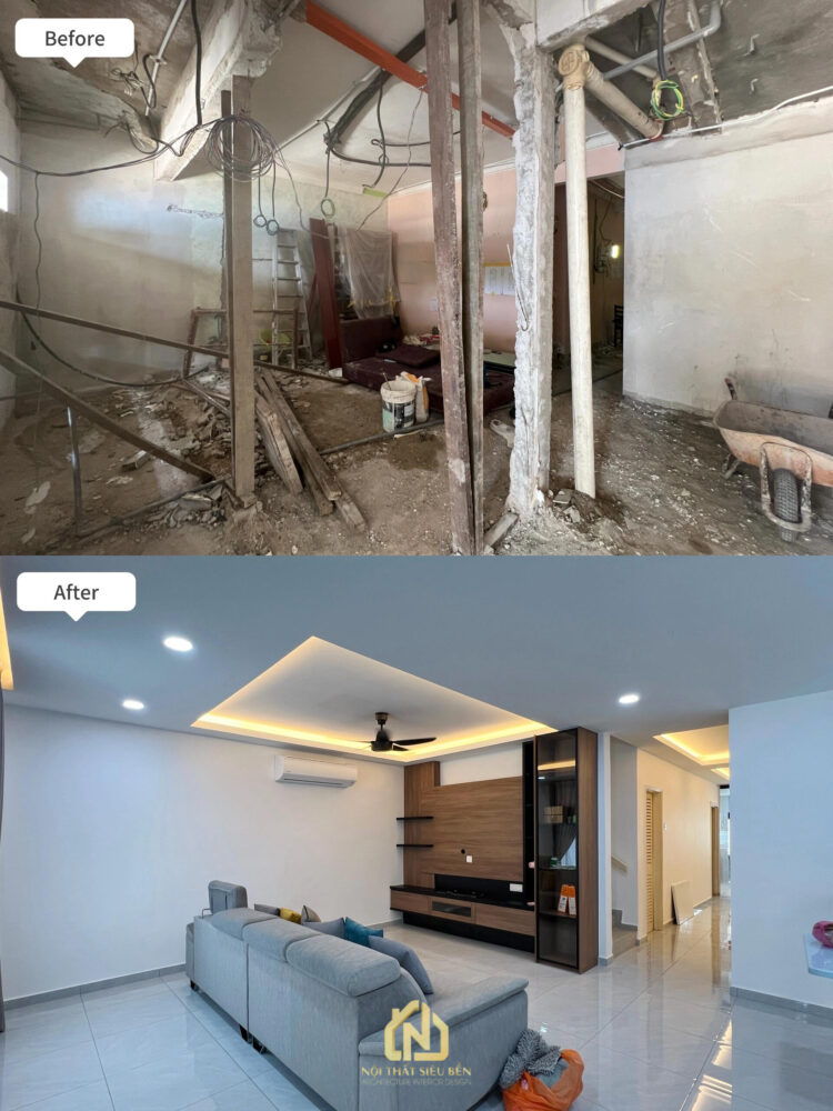Phòng khách sau cải tạo nhà phố tại Phường Tân Sơn Nhất