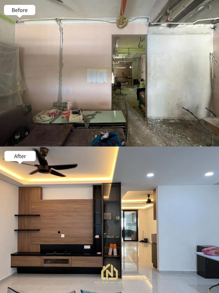 Phòng khách trước và sau cải tạo nhà phố Phường Tân Sơn Nhất