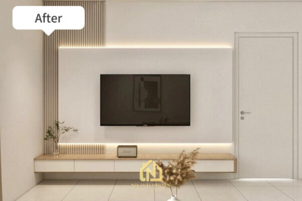 Vách tivi trước và sau cải tạo căn hộ Galaxy 9
