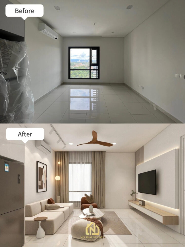 Phòng khách trước và sau cải tạo căn hộ Galaxy 9 Phường Vĩnh Hội