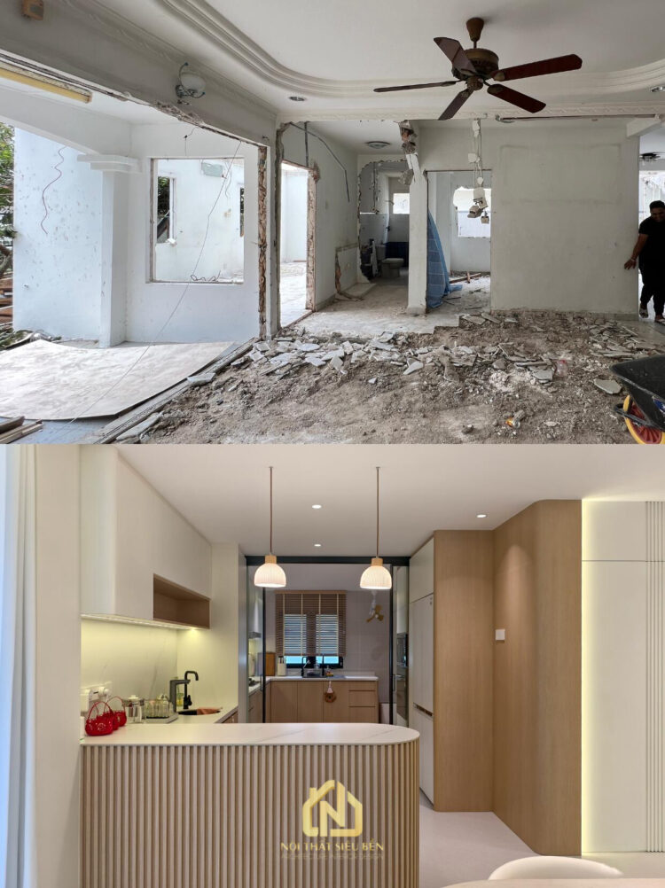 Bếp và bàn ăn trước sau cải tạo nhà phố Tân Phú 280m2