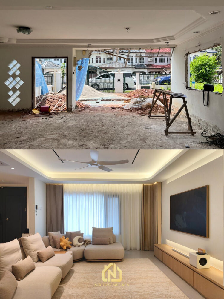 Phòng khách trước và sau cải tạo nhà phố thành biệt thự hiện đại Tân Phú