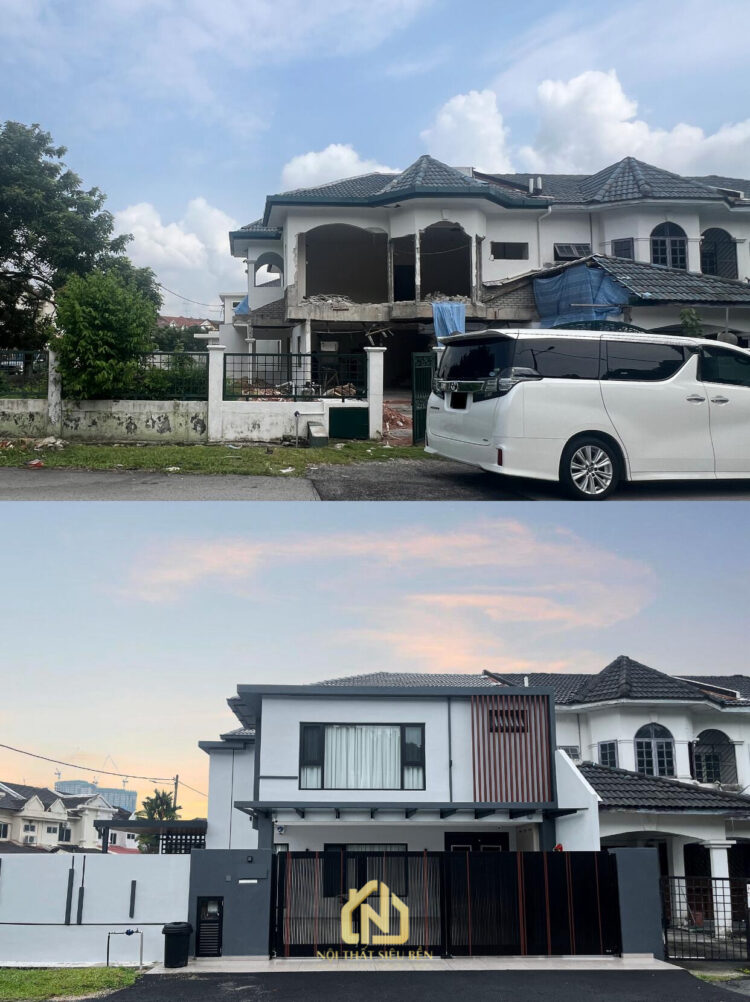 Mặt tiền trước và sau cải tạo nhà phố thành biệt thự hiện đại tại Tân Phú