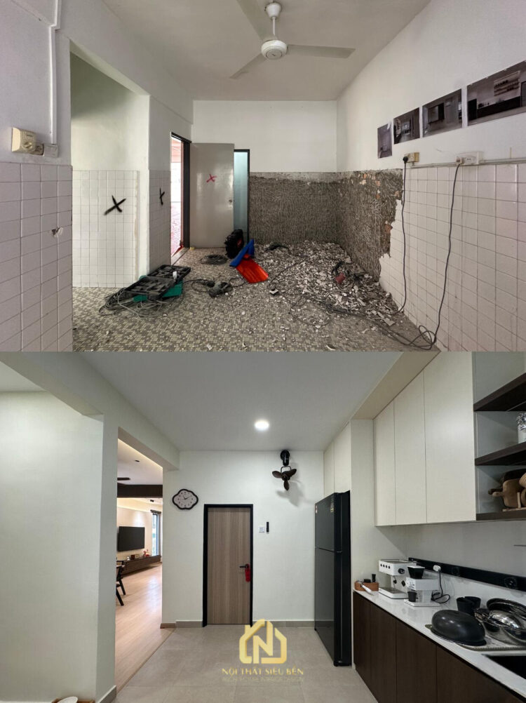 Bếp và lối vào trước sau cải tạo nhà phố Phường Tân Mỹ