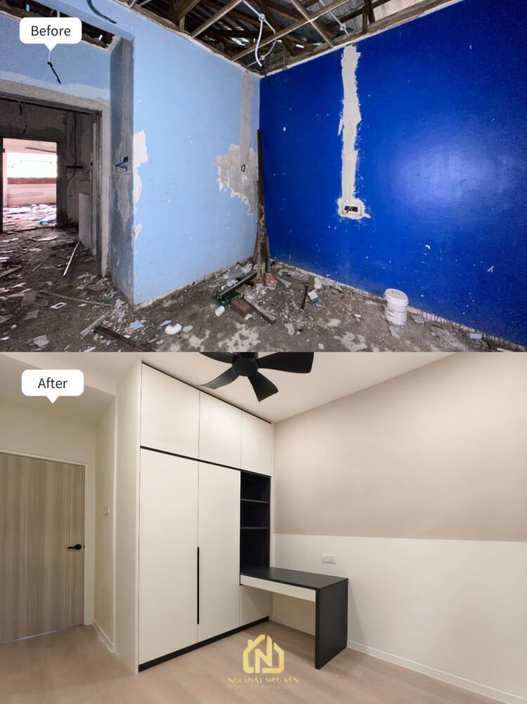Phòng riêng sau cải tạo với tủ áo và bàn chức năng trong nhà phố Phường Phú Định
