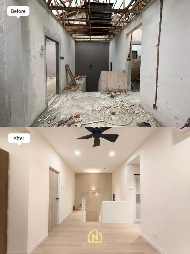 Lối đi sau cải tạo nhà phố Phường Phú Định với sàn gỗ và trần phẳng