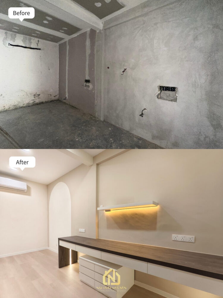 Góc tường trang trí sau cải tạo nhà phố Phường Phú Định với kệ gỗ và ghế dài