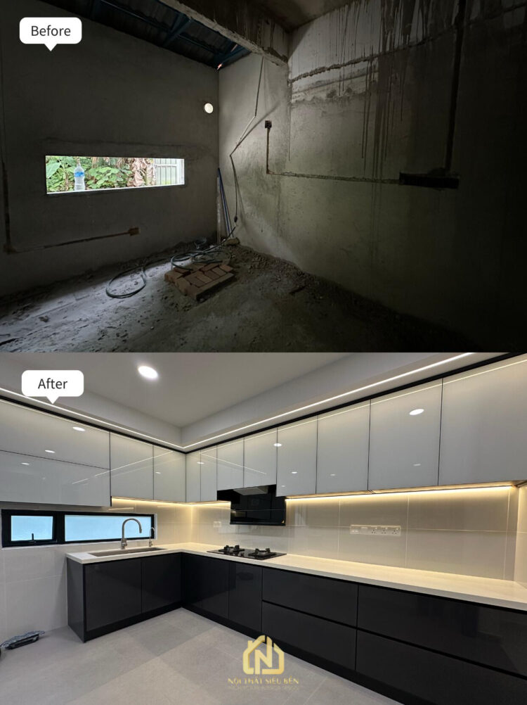 Bếp chữ L sau cải tạo nhà phố Phường Phú Định với tủ hai tông màu
