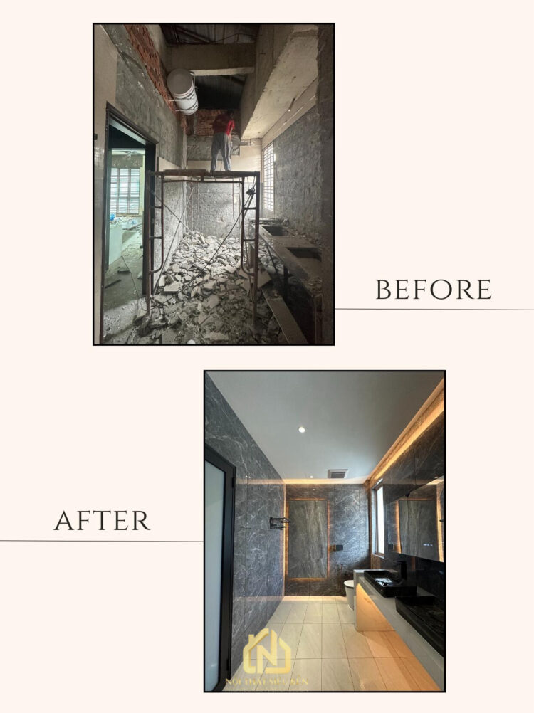Phòng tắm trước sau cải tạo nhà phố An Phú Bình Dương 240m2
