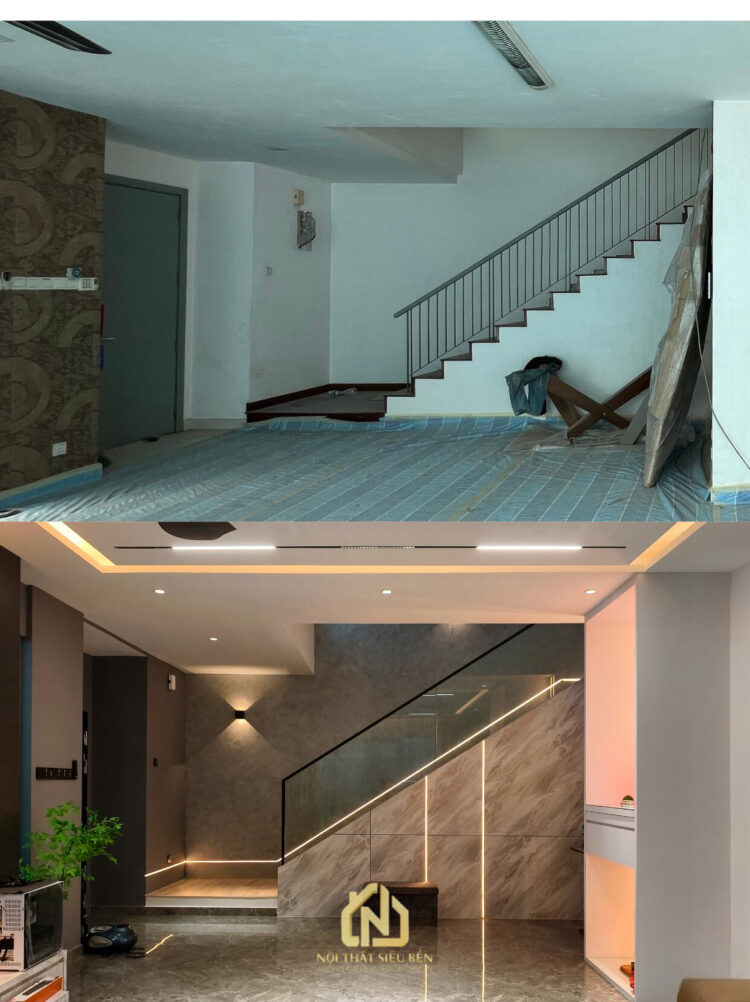 Sảnh thang trước và sau cải tạo nhà phố Bình Dương