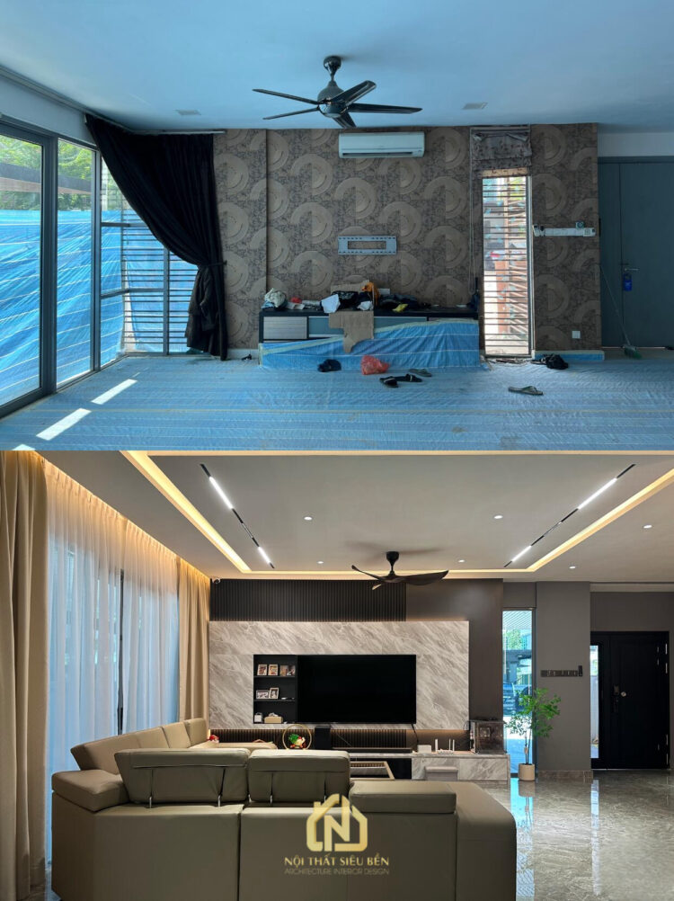 Phòng khách trước sau cải tạo nhà phố An Phú Bình Dương 240m2